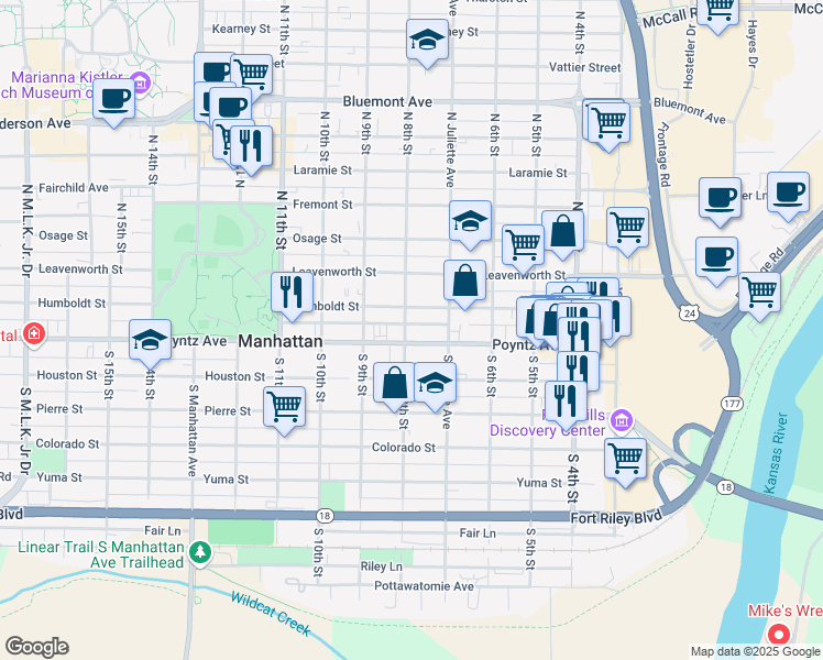 map of restaurants, bars, coffee shops, grocery stores, and more near 800 Poyntz Avenue in Manhattan
