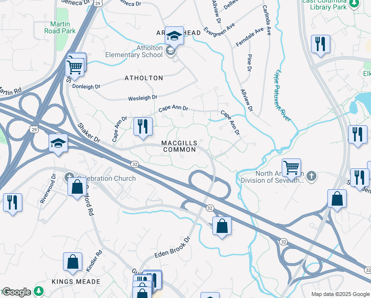 map of restaurants, bars, coffee shops, grocery stores, and more near 10097 Shaker Drive in Columbia
