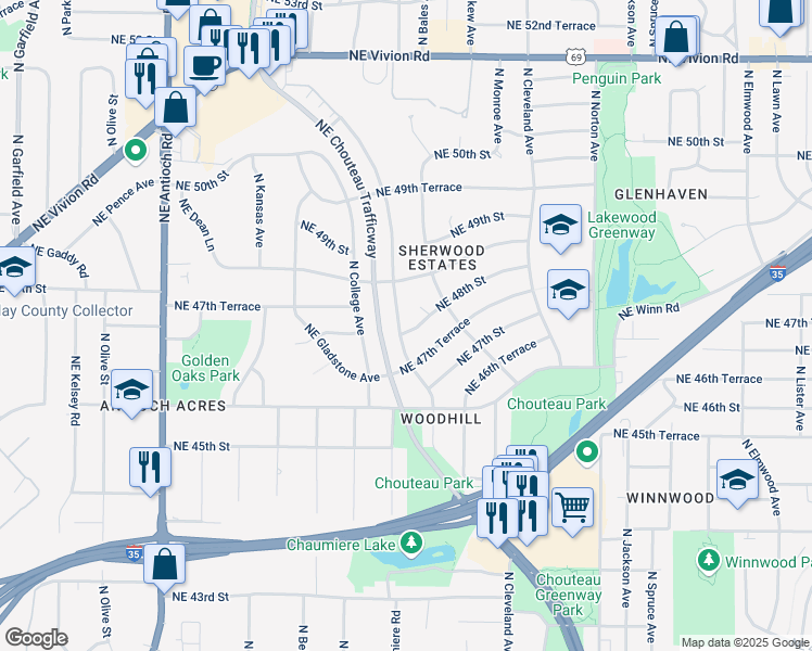 map of restaurants, bars, coffee shops, grocery stores, and more near 3408 Northeast 48th Street in Kansas City