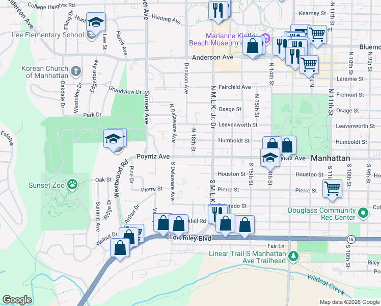 map of restaurants, bars, coffee shops, grocery stores, and more near 1800 Poyntz Avenue in Manhattan