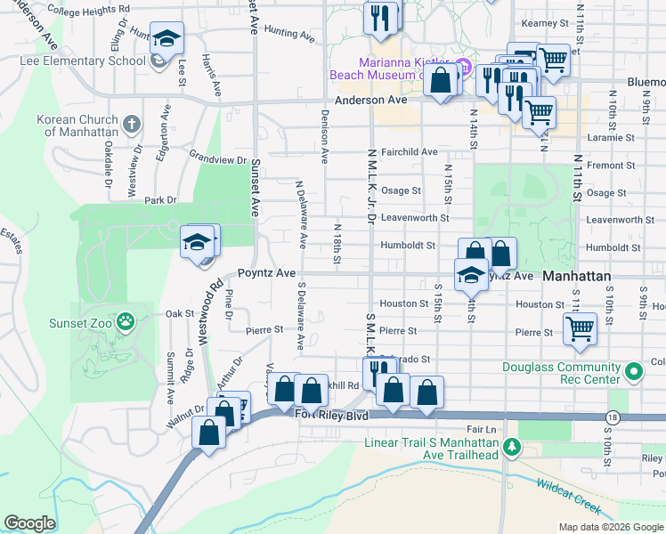 map of restaurants, bars, coffee shops, grocery stores, and more near 1800 Poyntz Avenue in Manhattan