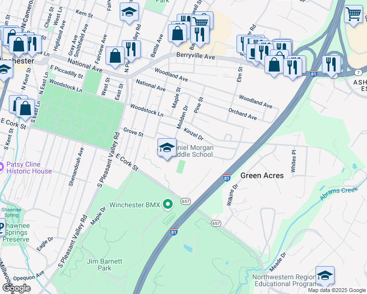 map of restaurants, bars, coffee shops, grocery stores, and more near 913 Allen Drive in Winchester