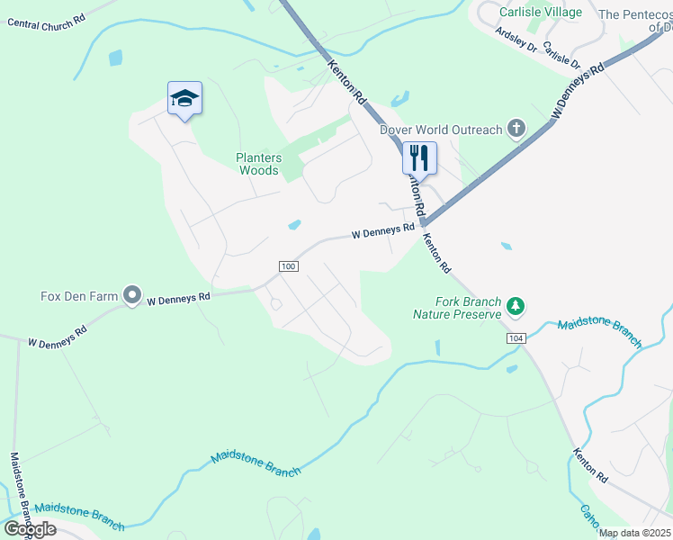 map of restaurants, bars, coffee shops, grocery stores, and more near 32 Pinyon Court in Dover