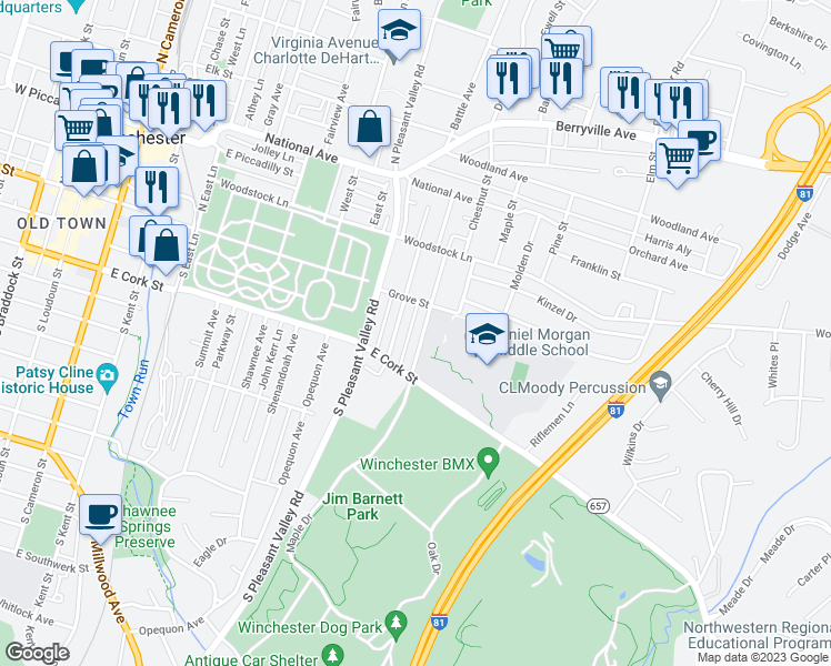 map of restaurants, bars, coffee shops, grocery stores, and more near 111 South Purcell Avenue in Winchester