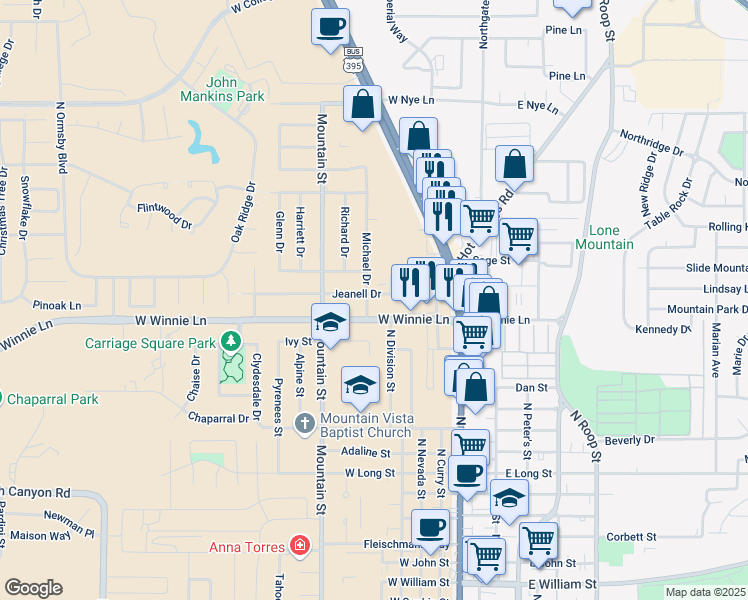 map of restaurants, bars, coffee shops, grocery stores, and more near 509 Jeanell Drive in Carson City