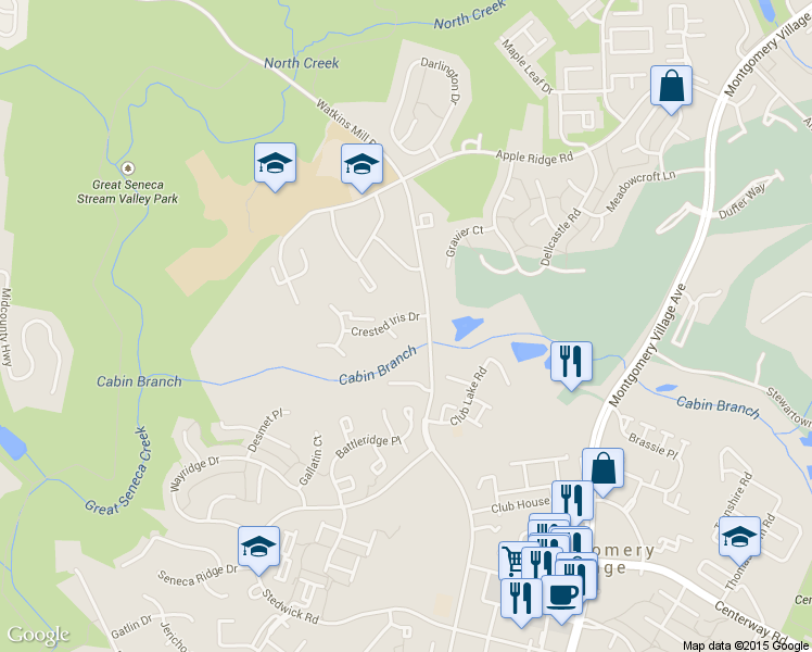 map of restaurants, bars, coffee shops, grocery stores, and more near 27 Crested Iris Court in Gaithersburg