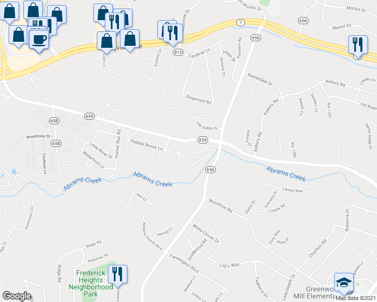 map of restaurants, bars, coffee shops, grocery stores, and more near 137 Pebble Brook Lane in Winchester