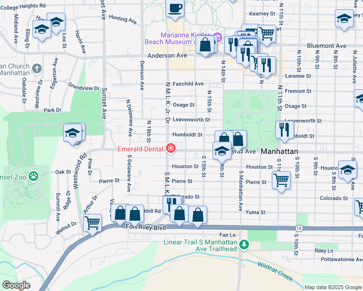 map of restaurants, bars, coffee shops, grocery stores, and more near 1604 Poyntz Avenue in Manhattan