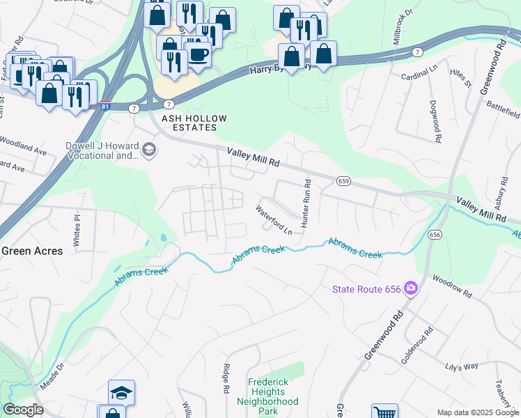 map of restaurants, bars, coffee shops, grocery stores, and more near 258 Waterford Lane in Winchester