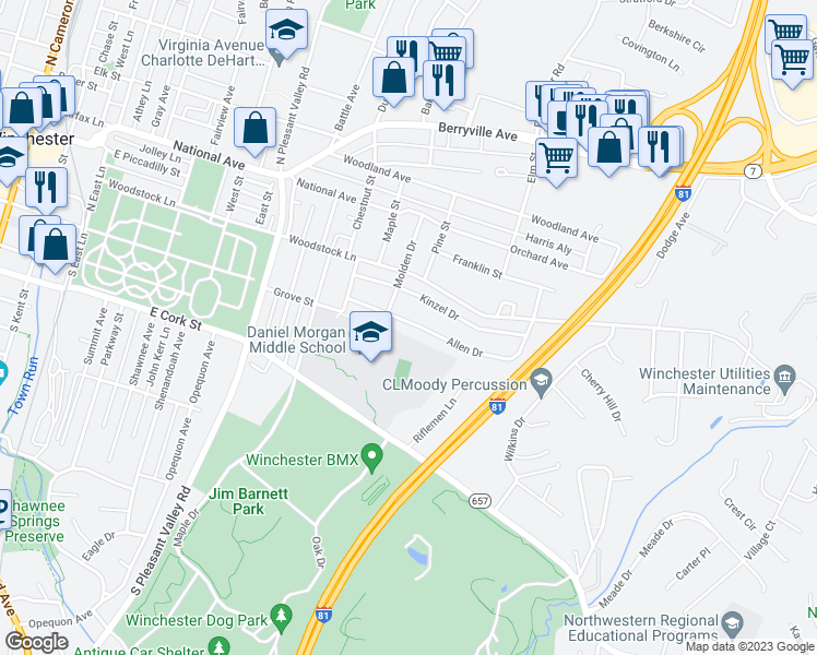 map of restaurants, bars, coffee shops, grocery stores, and more near 913 Allen Drive in Winchester