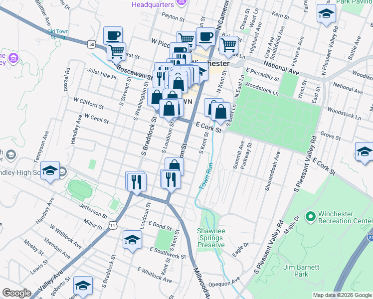 map of restaurants, bars, coffee shops, grocery stores, and more near 107 East Cecil Street in Winchester