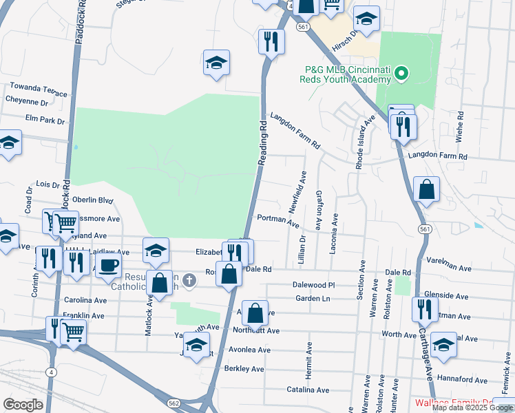 map of restaurants, bars, coffee shops, grocery stores, and more near 1711 Greenview Place in Cincinnati