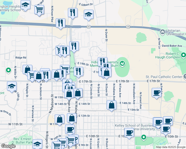 map of restaurants, bars, coffee shops, grocery stores, and more near 304 East 18th Street in Bloomington
