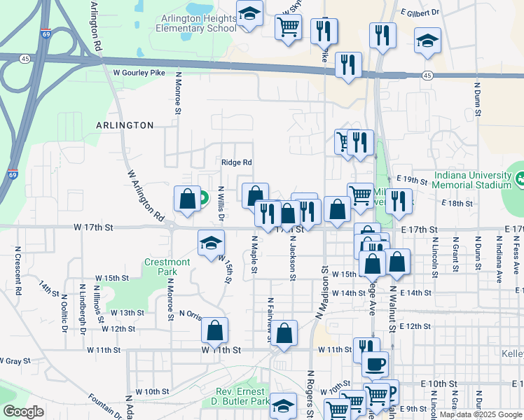 map of restaurants, bars, coffee shops, grocery stores, and more near 645 West Marble Lane in Bloomington