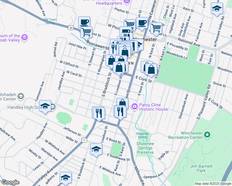 map of restaurants, bars, coffee shops, grocery stores, and more near 18 East Leicester Street in Winchester