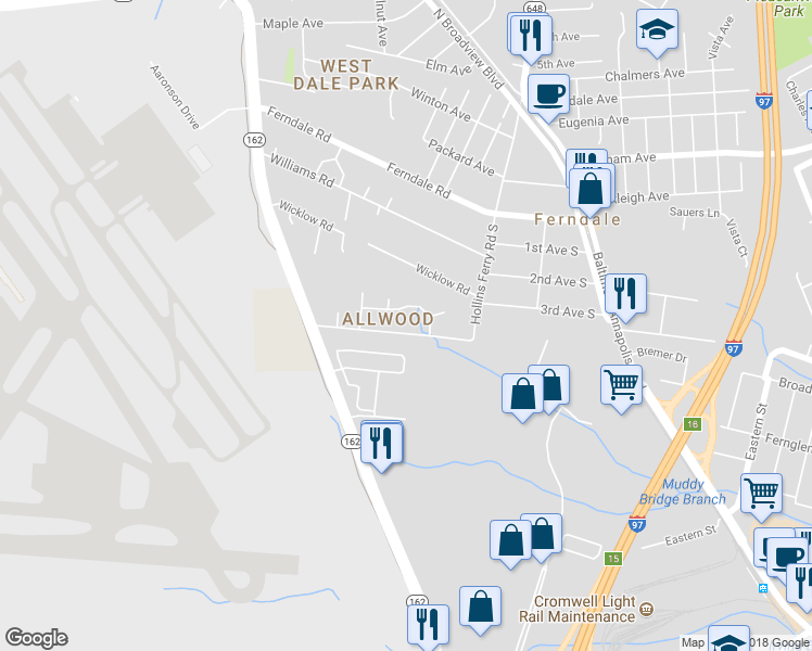 map of restaurants, bars, coffee shops, grocery stores, and more near 222 Allwood Drive in Glen Burnie