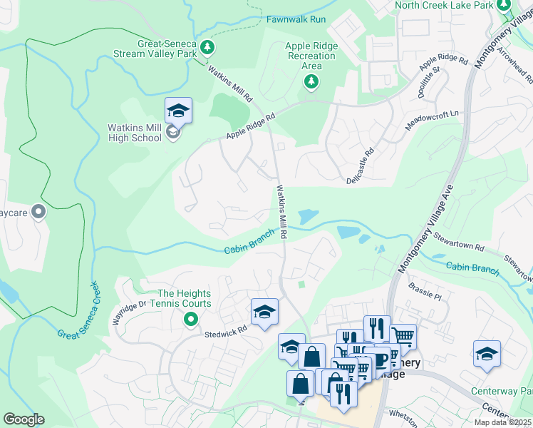 map of restaurants, bars, coffee shops, grocery stores, and more near 53 Crested Iris Court in Gaithersburg