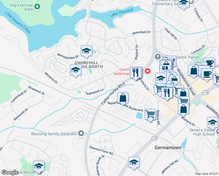 map of restaurants, bars, coffee shops, grocery stores, and more near 13675 Winterspoon Lane in Germantown