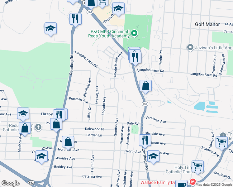 map of restaurants, bars, coffee shops, grocery stores, and more near 5857 Rhode Island Avenue in Cincinnati