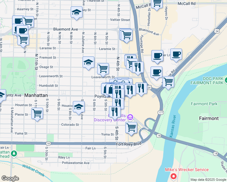 map of restaurants, bars, coffee shops, grocery stores, and more near 412 Poyntz Avenue in Manhattan