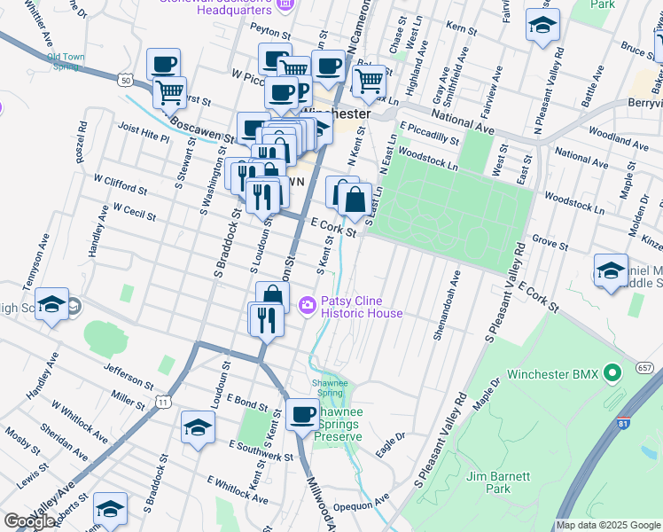 map of restaurants, bars, coffee shops, grocery stores, and more near 316 South Kent Street in Winchester