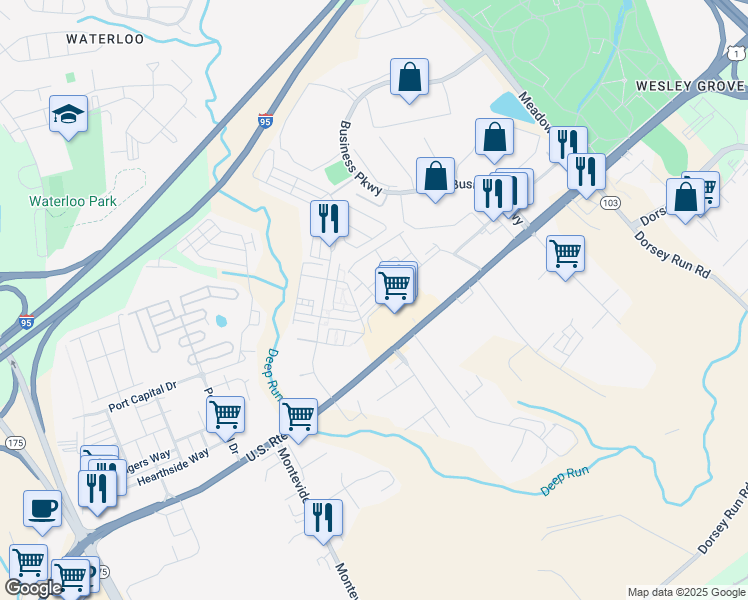 map of restaurants, bars, coffee shops, grocery stores, and more near 7916 Quidditch Lane in Elkridge