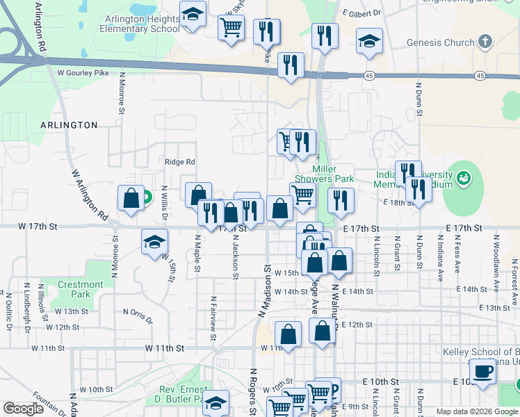 map of restaurants, bars, coffee shops, grocery stores, and more near 1313 North Kinser Pike in Bloomington