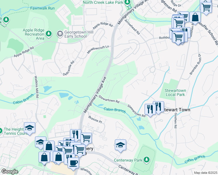 map of restaurants, bars, coffee shops, grocery stores, and more near 19745 Greenside Terrace in Montgomery Village