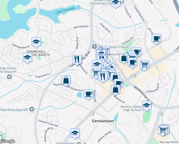 map of restaurants, bars, coffee shops, grocery stores, and more near 13218 Executive Park Terrace in Germantown