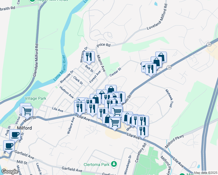 map of restaurants, bars, coffee shops, grocery stores, and more near 925 Walnut Street in Milford