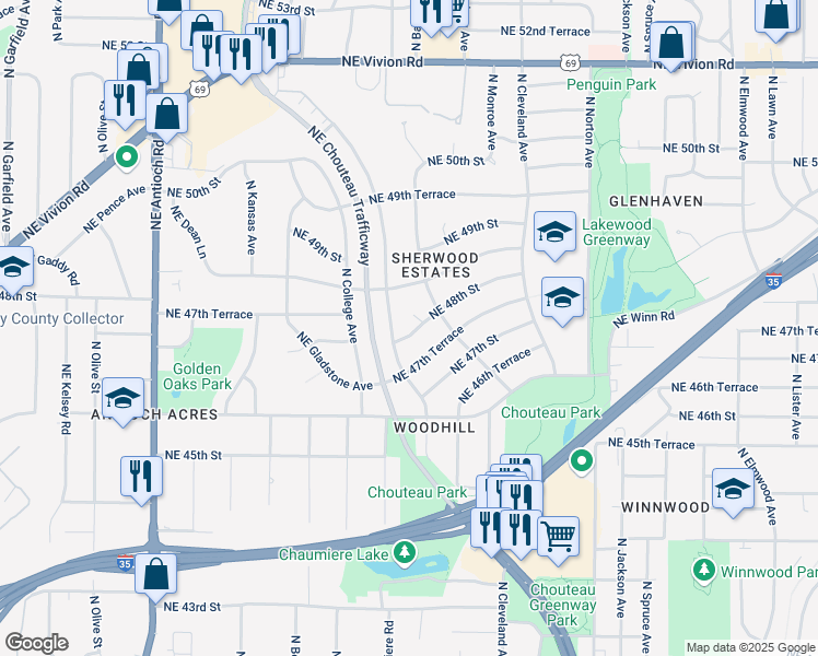 map of restaurants, bars, coffee shops, grocery stores, and more near 3408 NE 48th St in Kansas City