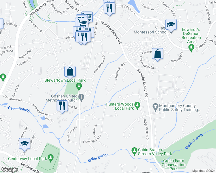map of restaurants, bars, coffee shops, grocery stores, and more near 9120 Chesley Knoll Court in Gaithersburg