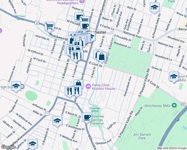 map of restaurants, bars, coffee shops, grocery stores, and more near 316 South Kent Street in Winchester