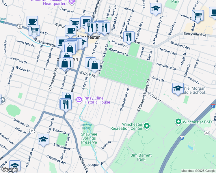 map of restaurants, bars, coffee shops, grocery stores, and more near 221 Parkway Street in Winchester