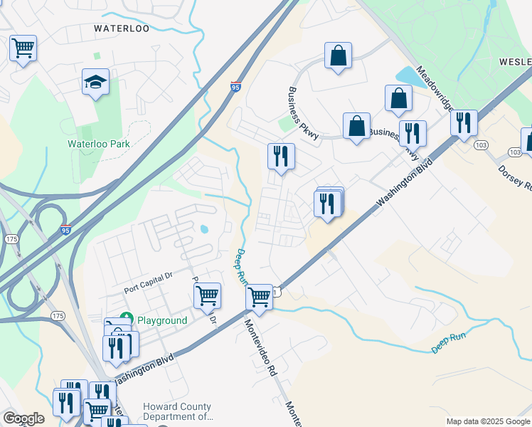 map of restaurants, bars, coffee shops, grocery stores, and more near 7803 Blue Stream Drive in Elkridge