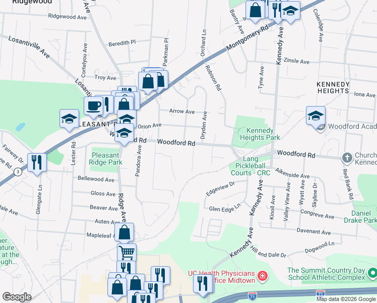 map of restaurants, bars, coffee shops, grocery stores, and more near 5933 O Meara Place in Cincinnati