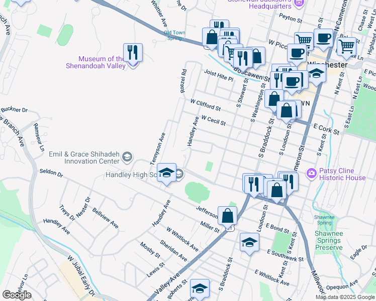 map of restaurants, bars, coffee shops, grocery stores, and more near 615 Handley Avenue in Winchester
