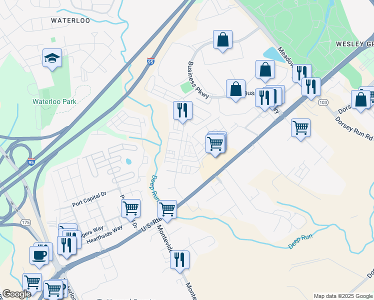 map of restaurants, bars, coffee shops, grocery stores, and more near 7934 Pettigrew Street in Elkridge