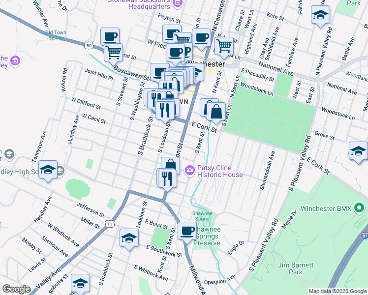 map of restaurants, bars, coffee shops, grocery stores, and more near 107 East Cecil Street in Winchester