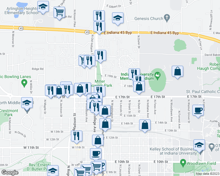 map of restaurants, bars, coffee shops, grocery stores, and more near 1311 North Washington Street in Bloomington