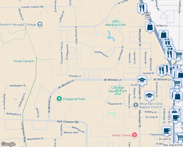 map of restaurants, bars, coffee shops, grocery stores, and more near 2138 Court Side Circle in Carson City
