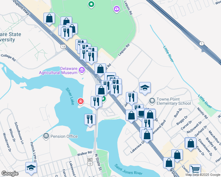 map of restaurants, bars, coffee shops, grocery stores, and more near 737 U.S. 13 in Dover