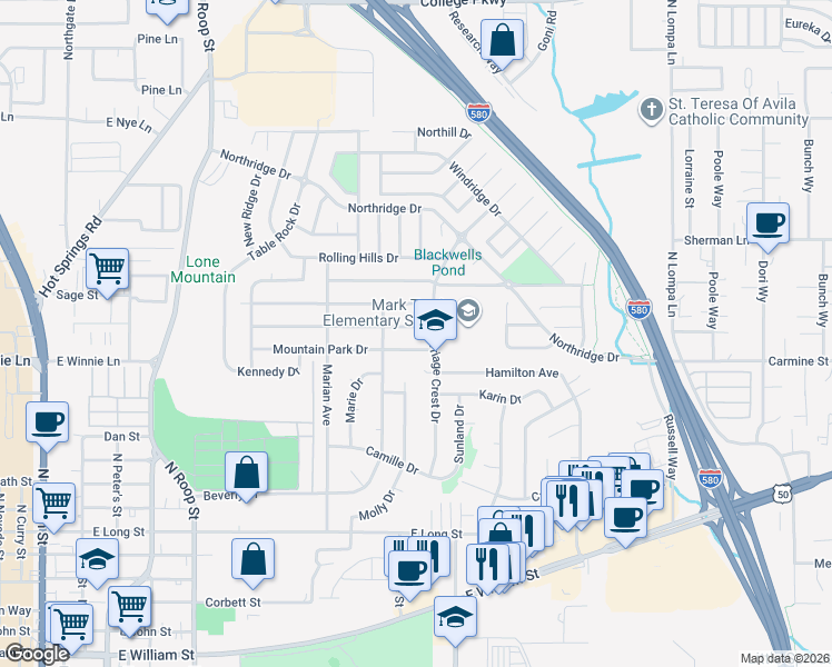 map of restaurants, bars, coffee shops, grocery stores, and more near 1515 Lindsay Lane in Carson City