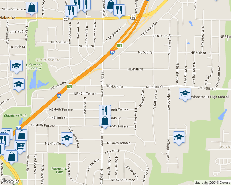 map of restaurants, bars, coffee shops, grocery stores, and more near 5114 Northeast 47th Terrace in Kansas City