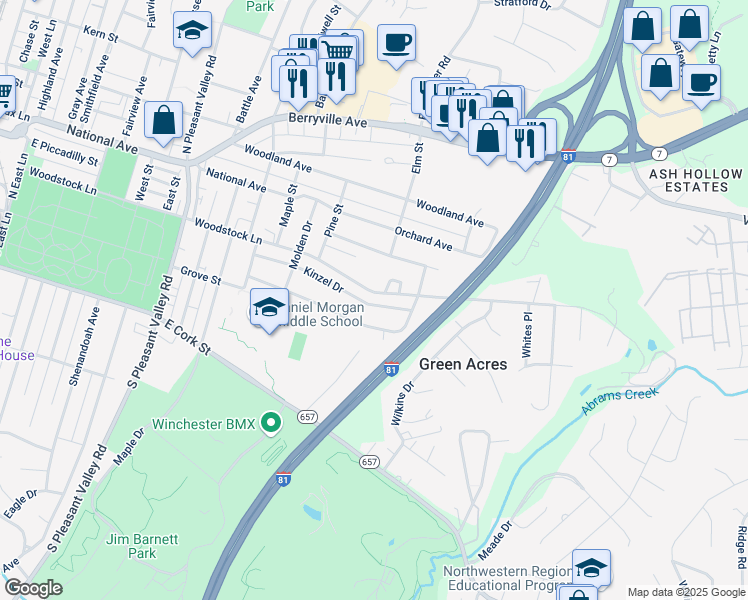 map of restaurants, bars, coffee shops, grocery stores, and more near 1002 Kinzel Drive in Winchester