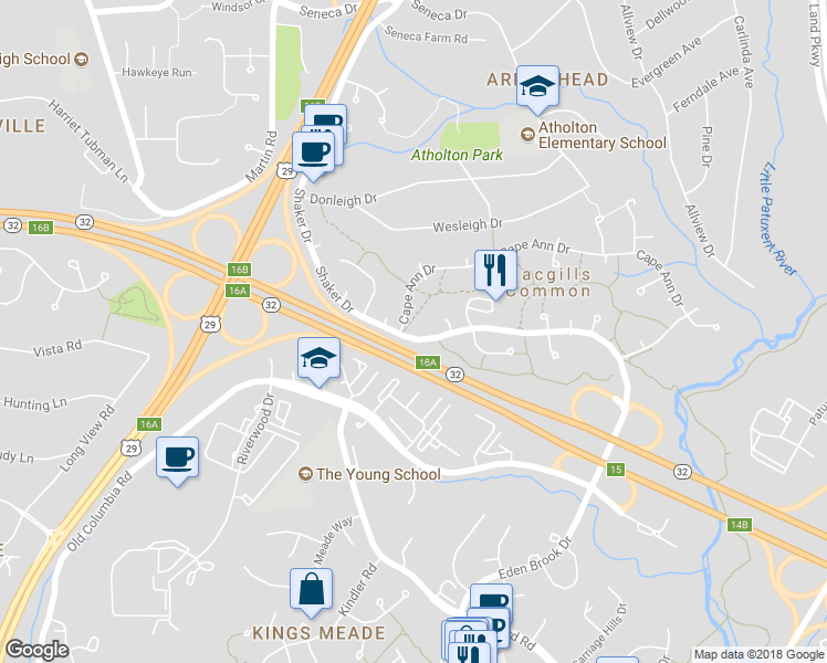 map of restaurants, bars, coffee shops, grocery stores, and more near 10208 Shaker Drive in Columbia