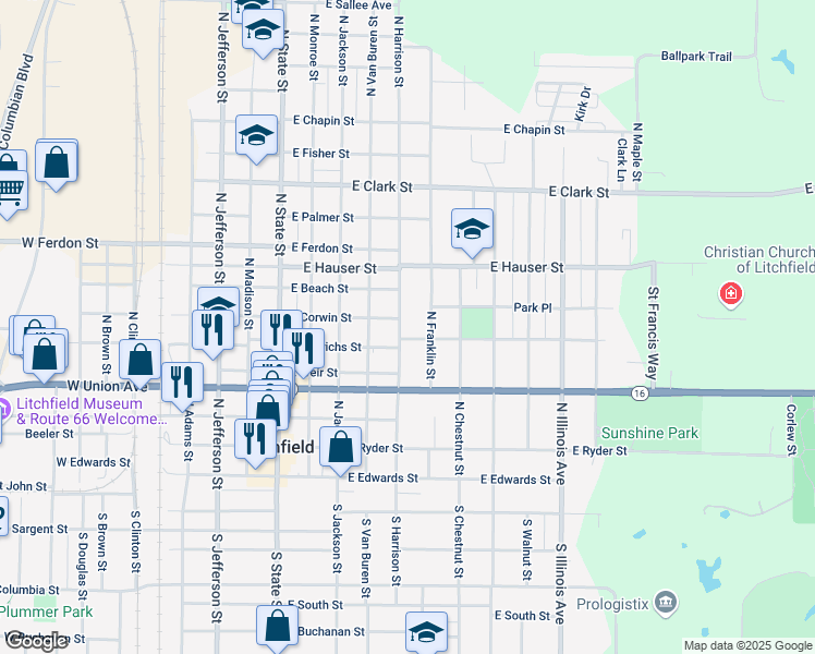 map of restaurants, bars, coffee shops, grocery stores, and more near 712 North Harrison Street in Litchfield