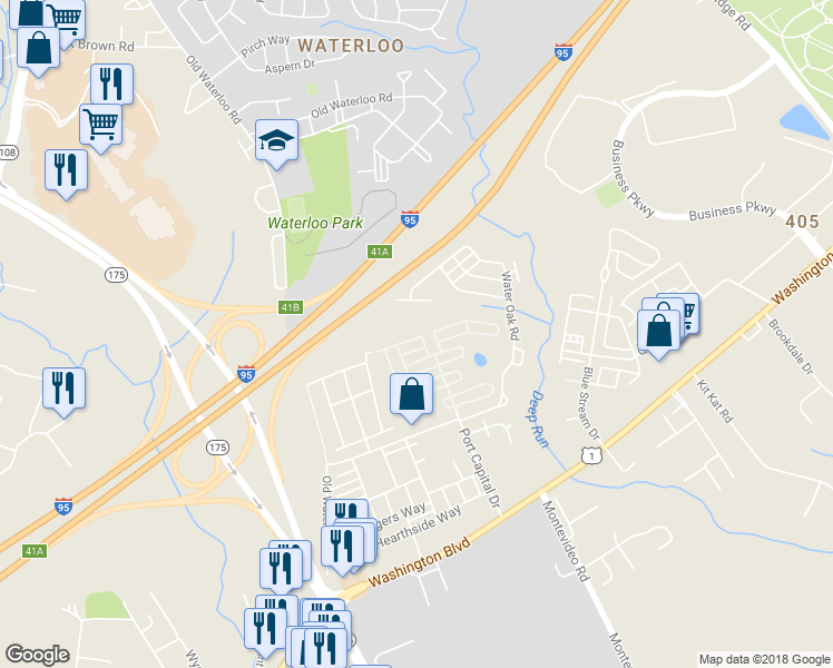 map of restaurants, bars, coffee shops, grocery stores, and more near 7500 Cove Point Way in Elkridge