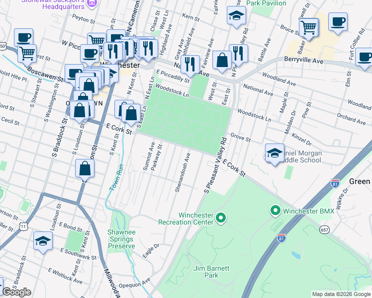 map of restaurants, bars, coffee shops, grocery stores, and more near 525 East Cork Street in Winchester