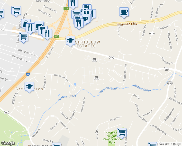 map of restaurants, bars, coffee shops, grocery stores, and more near 204 Weathervane Drive in Winchester